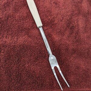 Meat Carving Serving Fork Ekco Chromium  Plated USA 11.25" White Handle Vintage